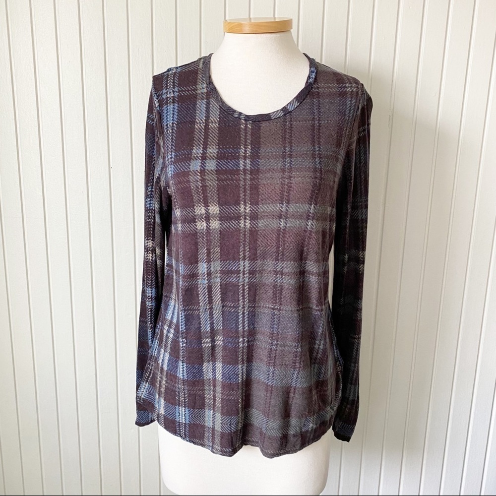 Who What Wear Blue Purple Cream Brown Plaid Long Sleeve Shirt Top Size Large